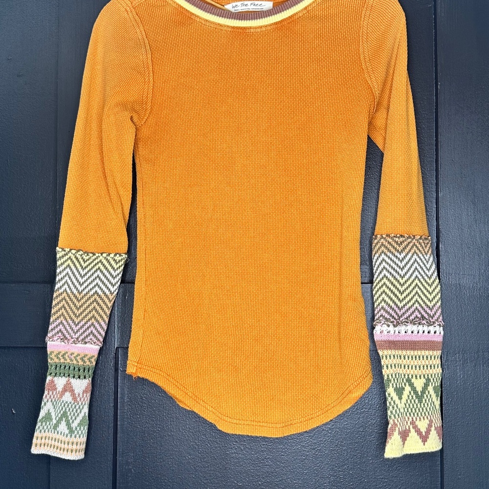 Orange Long Sleeve Top with Patterned Cuffs